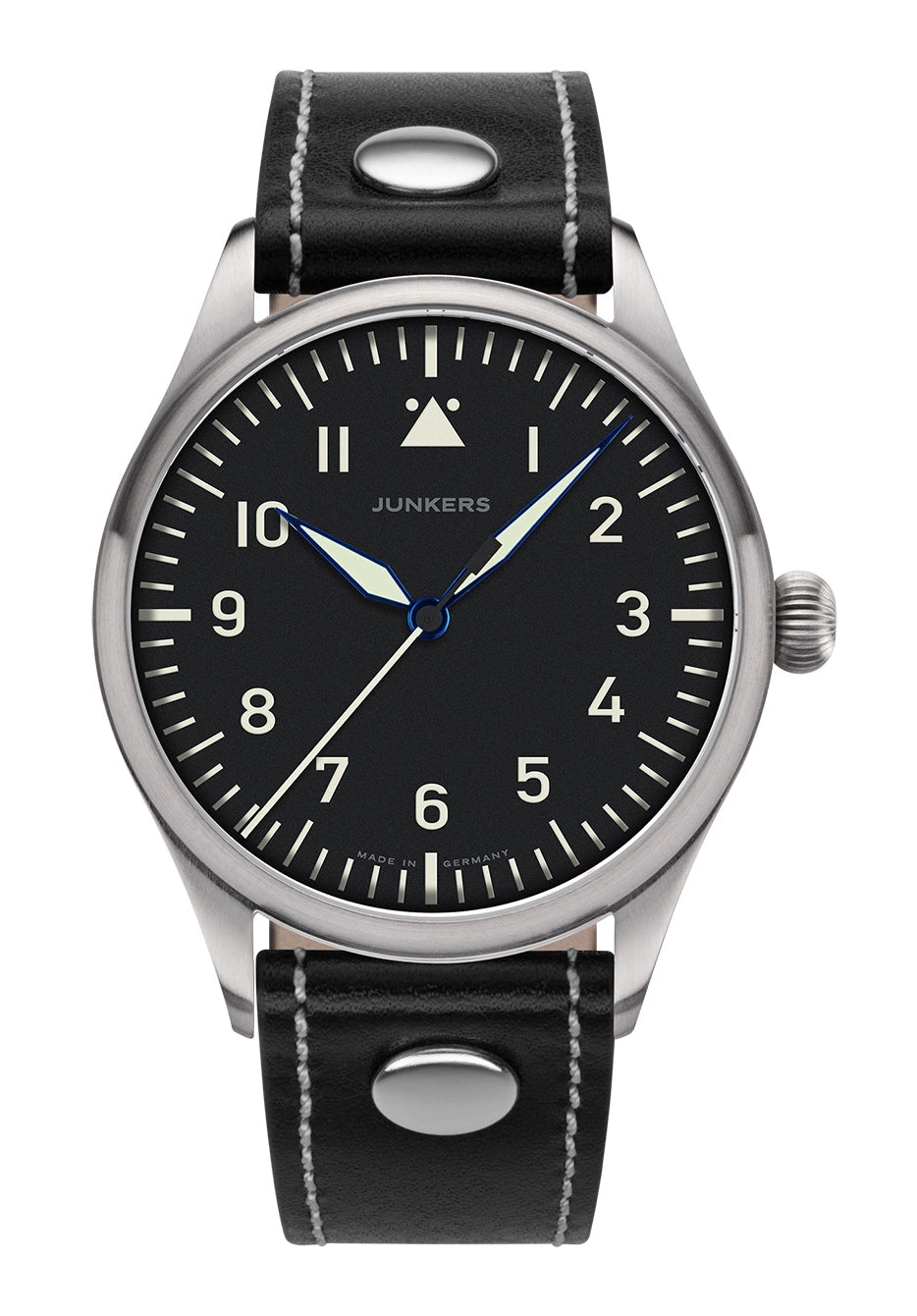 Junkers Herrenuhr mit schwarzem Zifferblatt, blauen Zeigern und schwarzem Lederarmband.