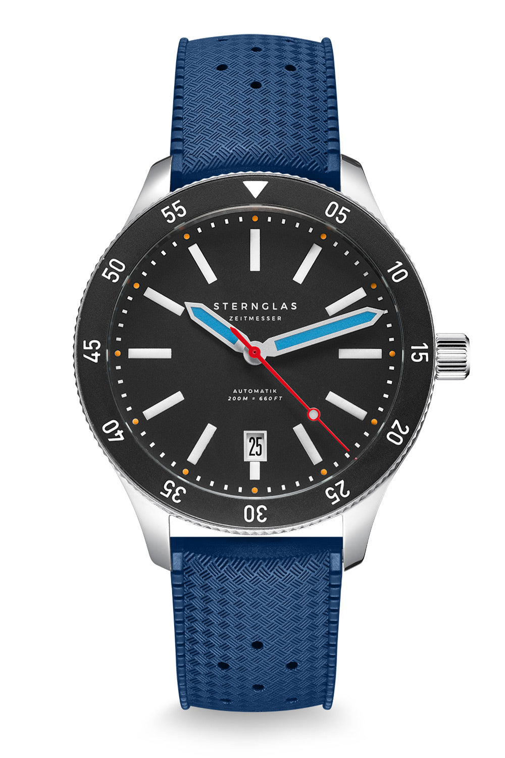 Sternglas Marus 2.0 Herren-Automatikarmbanduhr mit schwarzem Zifferblatt und blauem Kautschukband