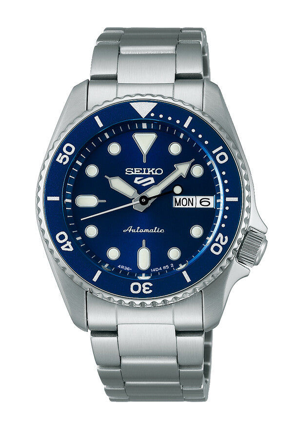 Herrenarmbanduhr mit blauem Zifferblatt, Datumsanzeige „MON“ und Stahmband