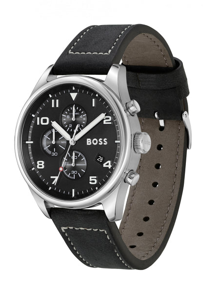 BOSS Chronograph-Uhr, schräger Blick: schwarzes Zifferblatt, Edelstahlgehäuse, schwarzes Lederband
