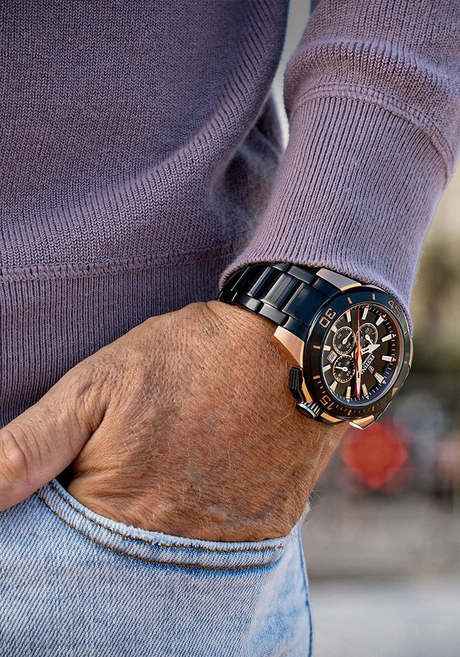 Festina Herren-Chronograph am Handgelenk, schwarzes Gehäuseband, Roségoldfarbene Lünette