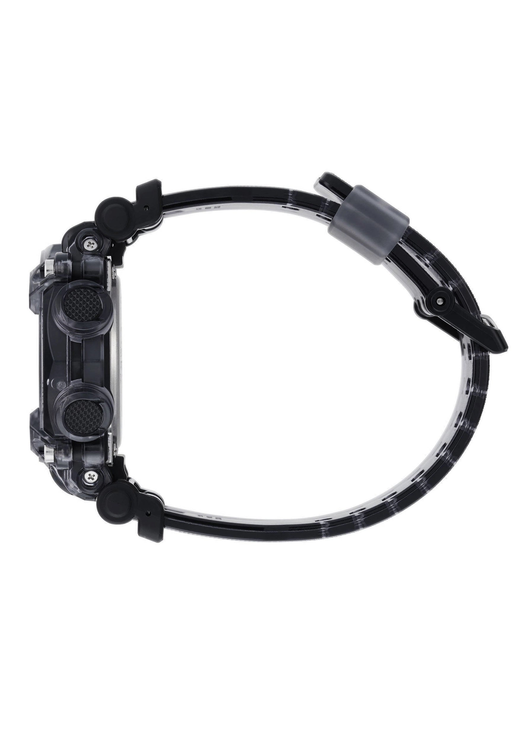 Casio G-Shock Armbanduhr, schwarzes Skeletonarmband mit Gehäuse-Ansicht von der Seite