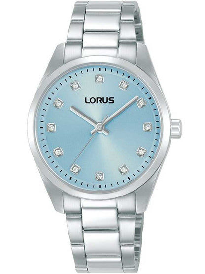 Lorus Damenuhr: hellblaues Zifferblatt, Mineralglas, Edelstahlarmband mit Stein-Markierungen