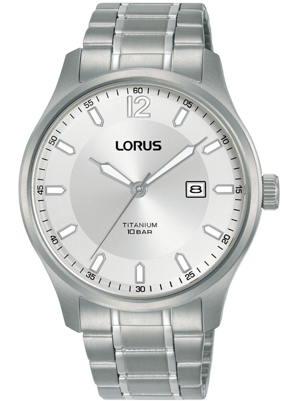 Lorus Herrenuhr mit silberfarbenem Titanarmband, weißem Zifferblatt und Datumsanzeige