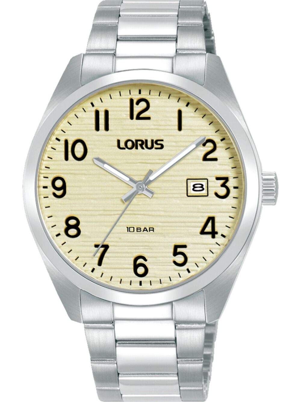 Lorus Herrenarmbanduhr mit silbernem Edelstahlarmband, beigem Zifferblatt und Datumsanzeige