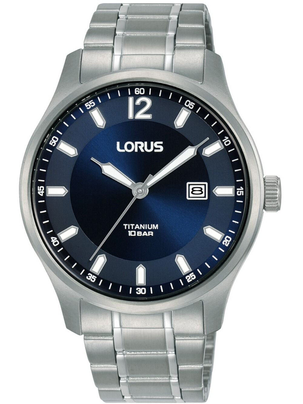 Herren-Armbanduhr Lorus mit blauem Zifferblatt und Titanarmband, rundes Gehäuse
