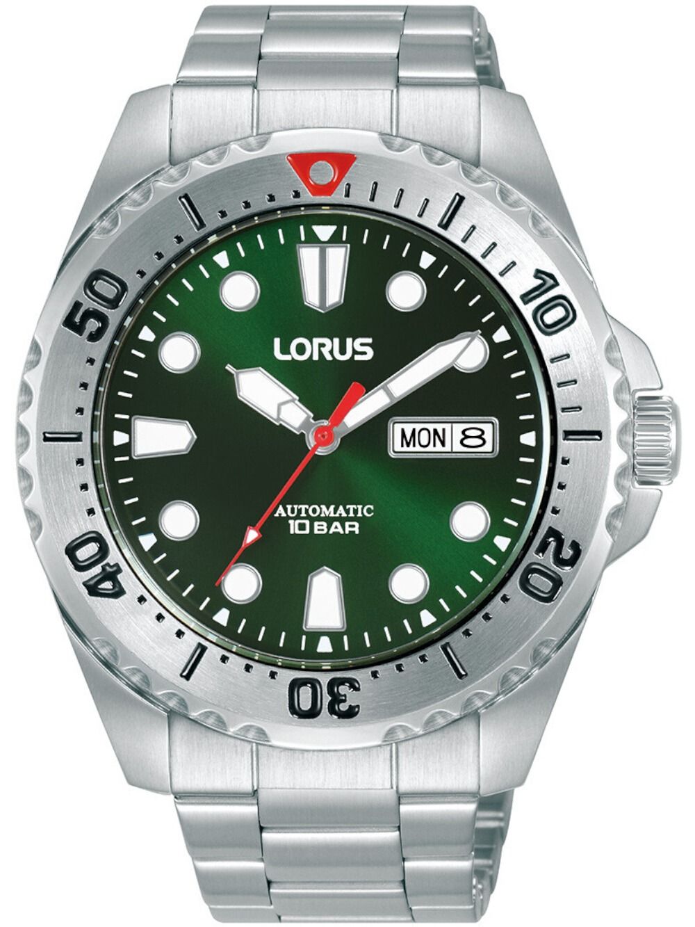 Lorus Herrenuhr mit grünem Zifferblatt, drehbarer Lünette und Metallarmband
