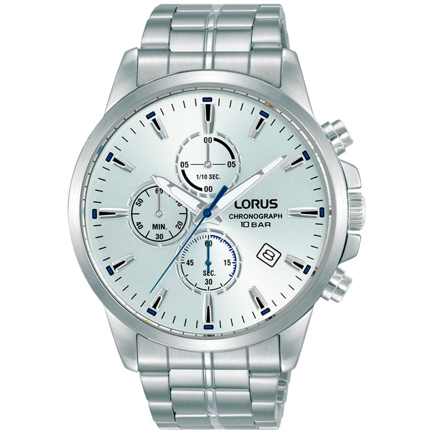 Lorus Chronograph-Armbanduhr mit silbernem Metallband und weißem Zifferblatt, Mineralglas