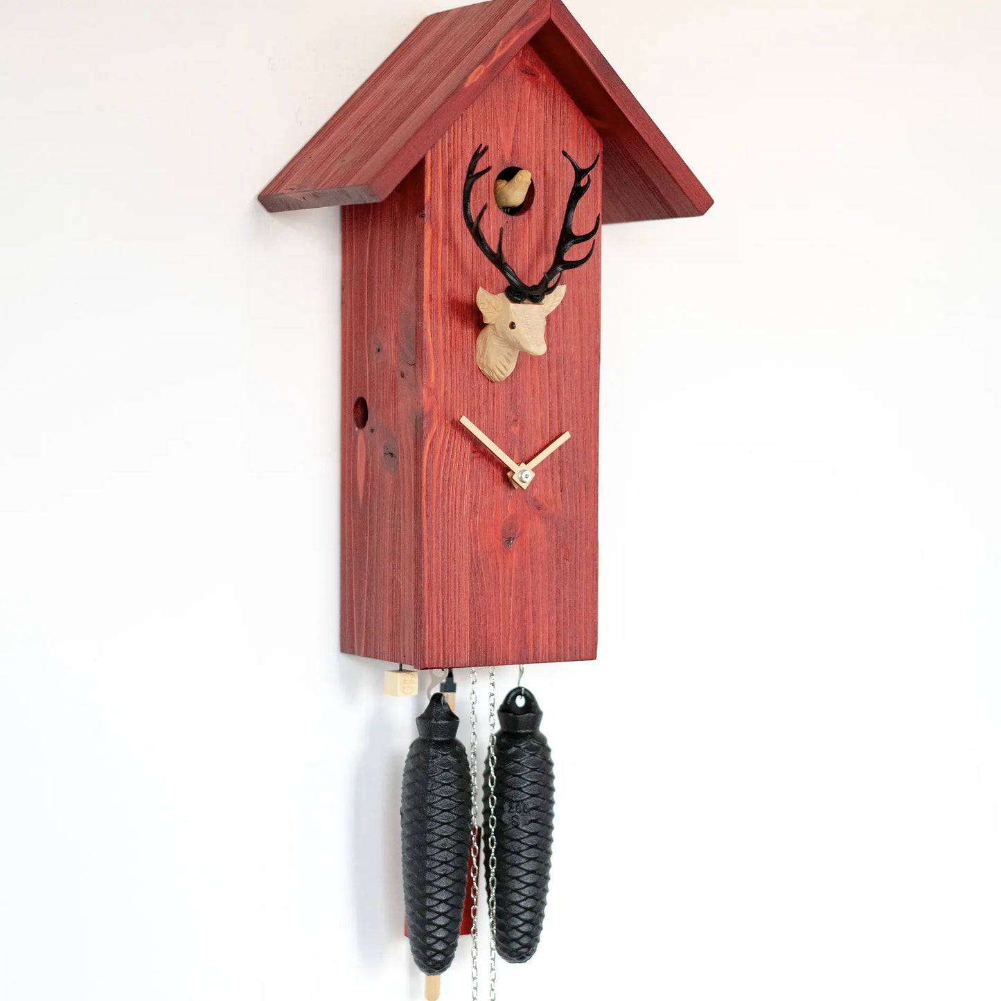 Rombach & Haas Classic SLM3H-3 Horloge Murale Bois Naturel/Rouge • Mouvement Mécanique 8 Jours • Véritable Coucou de la Forêt-Noire