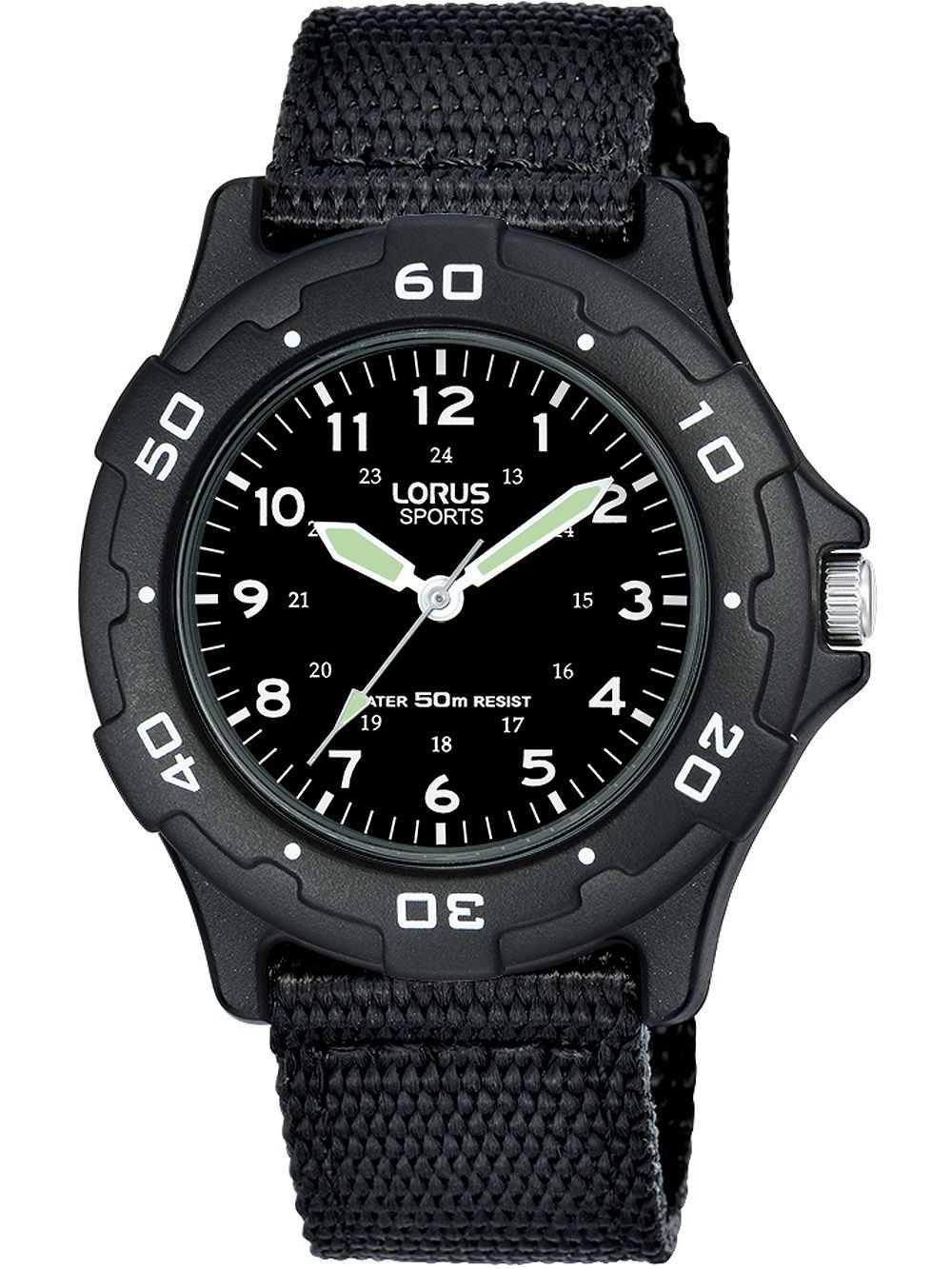 Kinderuhr mit schwarzem Textilarmband und schwarzem Zifferblatt, Leuchtzeiger und -indizes