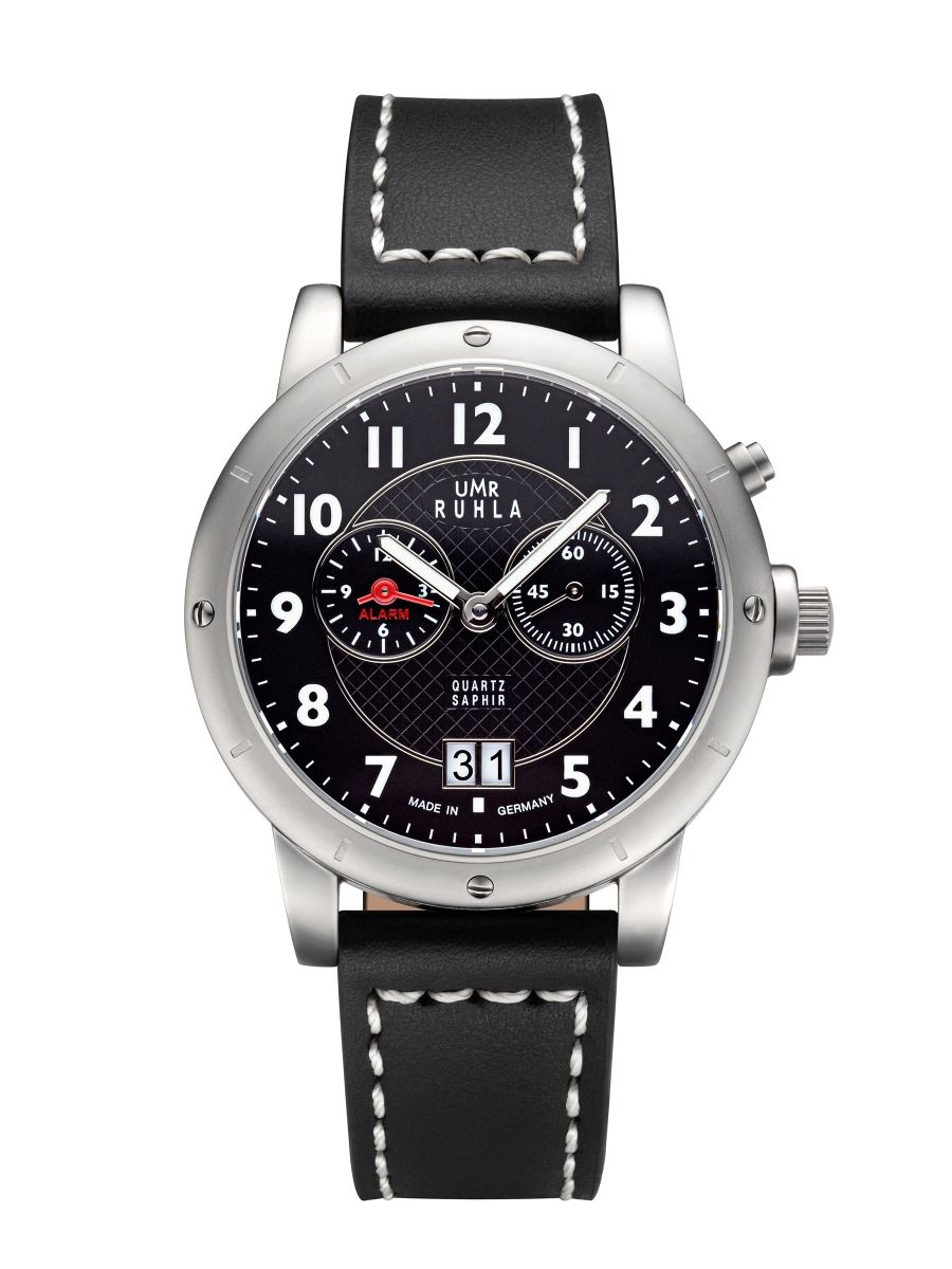 Montre pour homme avec bracelet en cuir noir, boîtier rond en acier et cadran noir