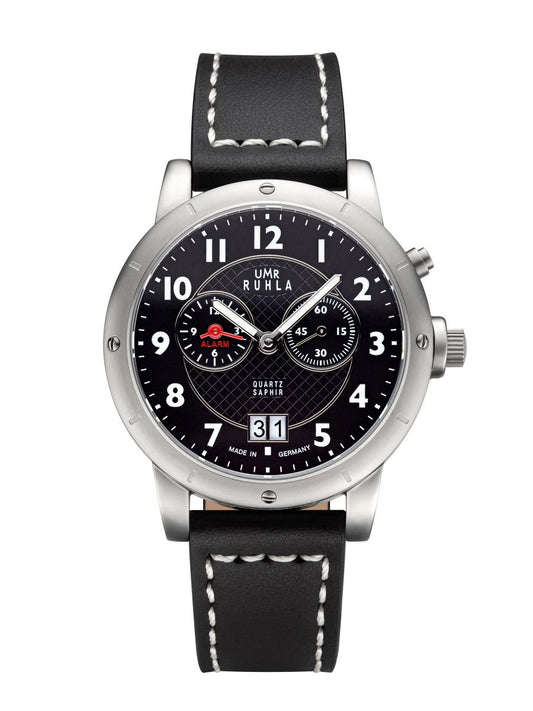 Montre pour homme avec bracelet en cuir noir, boîtier rond en acier et cadran noir