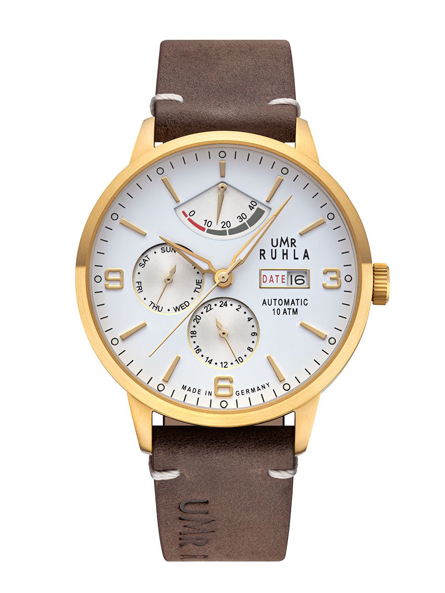 Montre pour homme : boîtier doré, cadran blanc, bracelet en cuir marron, guichet date