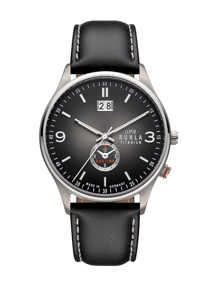 Montre-bracelet avec cadran gris, boîtier en titane mat et bracelet en cuir, grande date