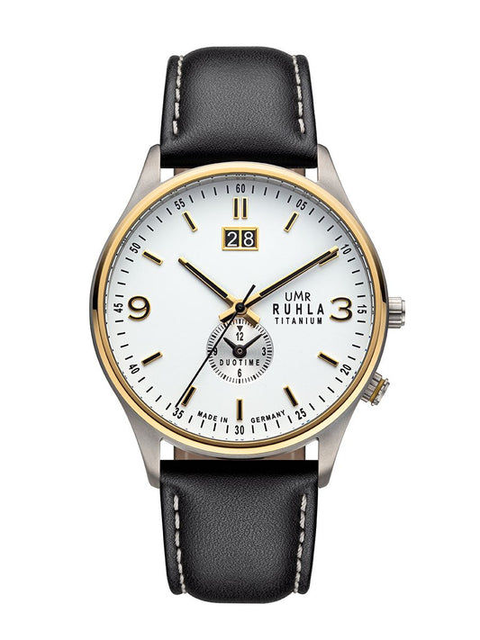 Montre bicolore avec bracelet en cuir noir et cadran blanc, guichet date
