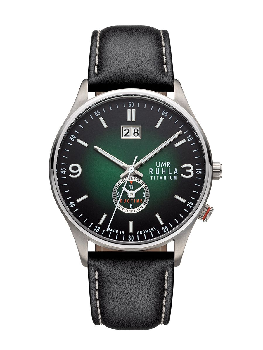 Montre-bracelet Ruhla-Classic avec cadran vert olive, boîtier en titane et bracelet en cuir noir