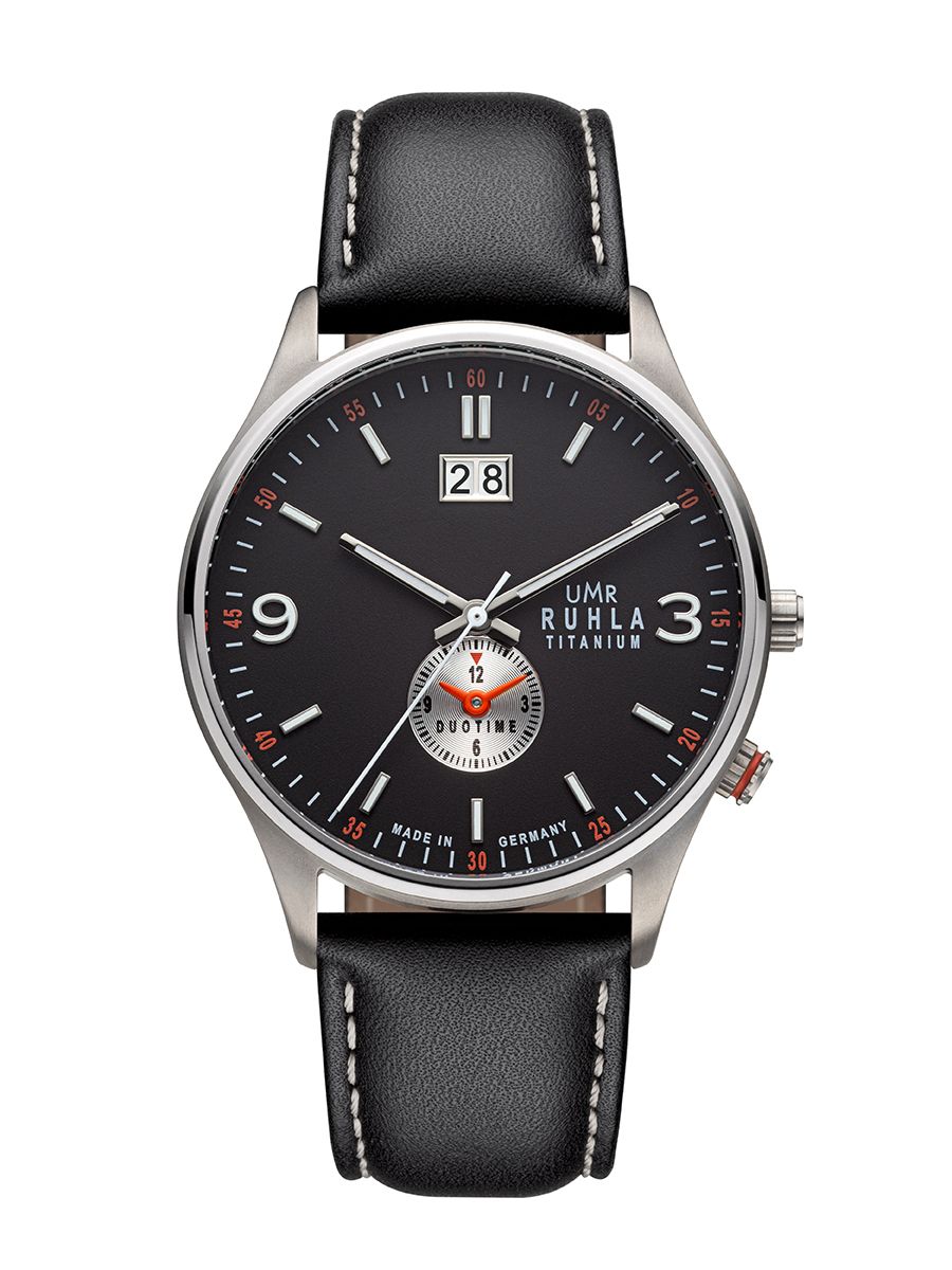 Montre analogique : cadran noir, bracelet en cuir noir, boîtier en titane, grande date et 2e fuseau horaire