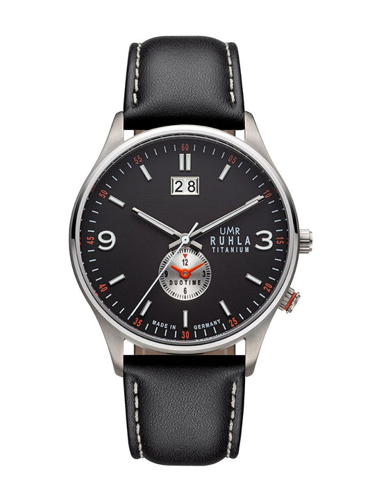 Montre analogique : cadran noir, bracelet en cuir noir, boîtier en titane, grande date et 2e fuseau horaire