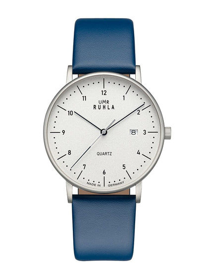 Montre pour homme UMR Ruhla : boîtier rond argenté, bracelet en cuir bleu, cadran blanc