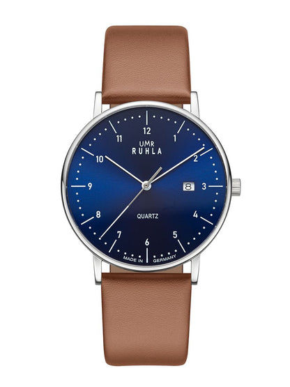 Montre pour homme : cadran bleu foncé, boîtier argenté, bracelet en cuir marron