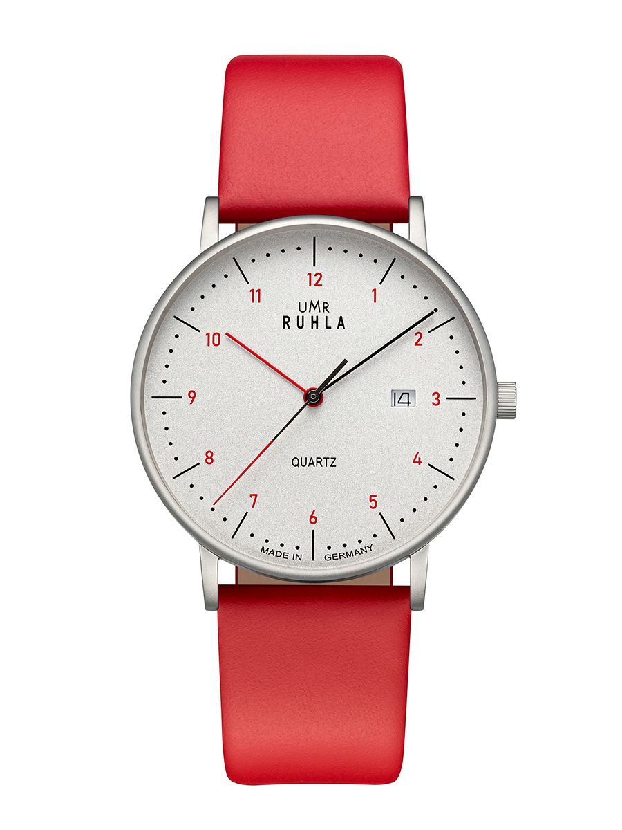 Montre-bracelet avec bracelet en cuir rouge, boîtier argenté et cadran blanc, quartz
