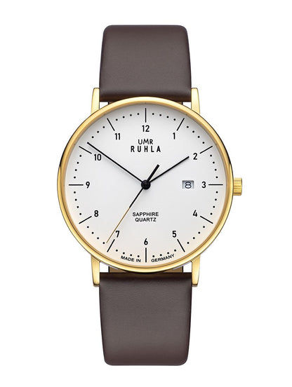 Montre-bracelet avec boîtier doré, bracelet en cuir marron et cadran blanc, mouvement quartz saphir.