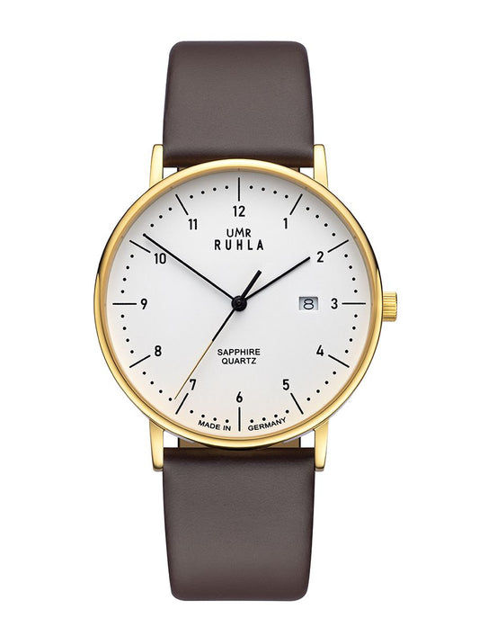 Montre-bracelet avec boîtier doré, bracelet en cuir marron et cadran blanc, mouvement quartz saphir.