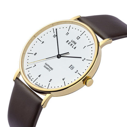 Montre-bracelet avec boîtier doré, bracelet en cuir marron et cadran blanc, quartz.