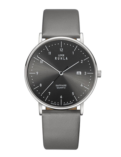 Montre pour homme UMR Ruhla avec bracelet en cuir gris, cadran noir et verre saphir