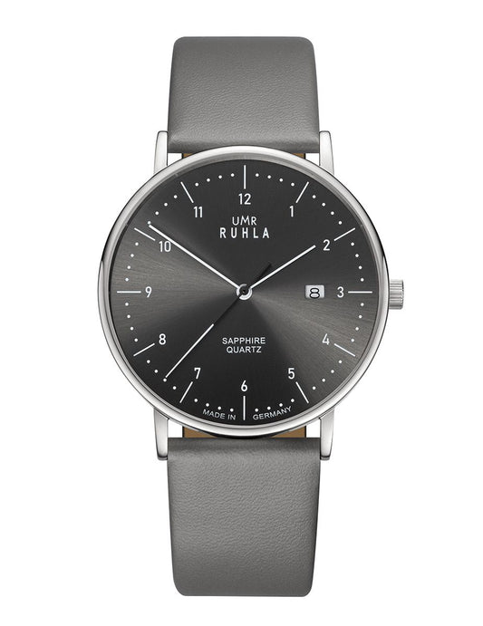 Montre pour homme UMR Ruhla avec bracelet en cuir gris, cadran noir et verre saphir