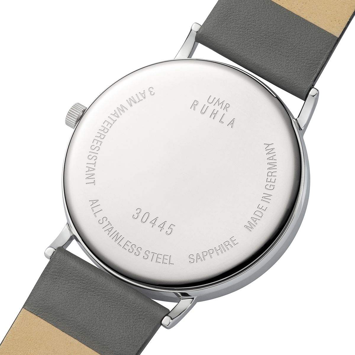 Dos d'une montre pour homme en acier inoxydable avec bracelet en cuir gris, UMR Ruhla