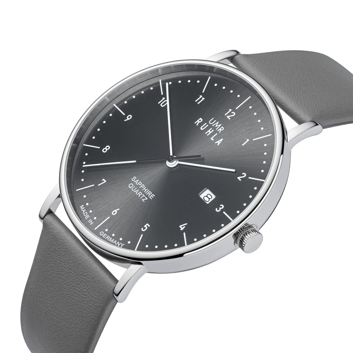 Montre pour homme avec bracelet en cuir gris, boîtier rond, cadran noir et couronne