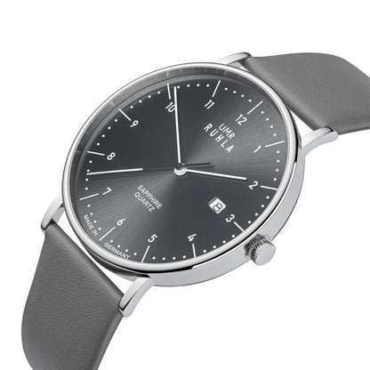 Montre pour homme avec bracelet en cuir gris, boîtier rond, cadran noir et couronne