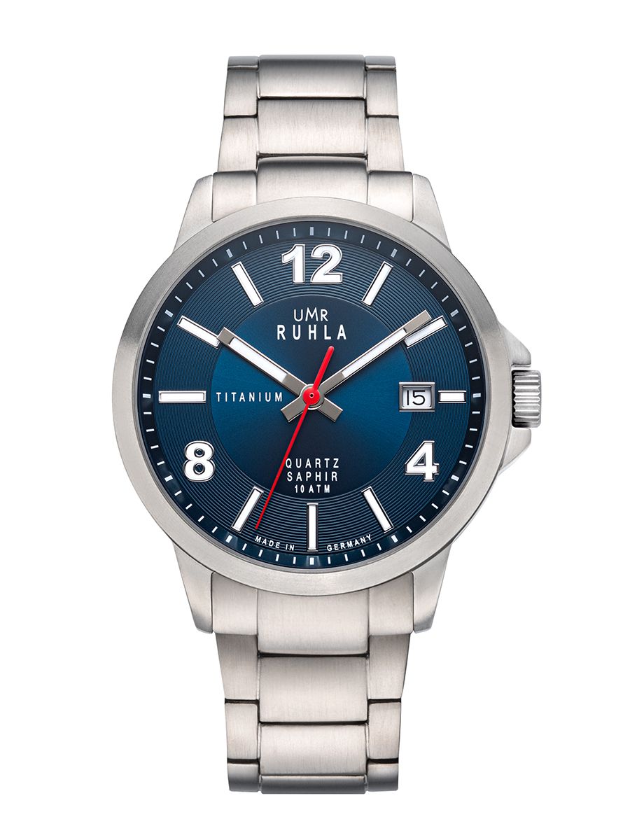 Montre pour homme UMR Ruhla avec cadran bleu, boîtier en titane, bracelet en métal et verre saphir