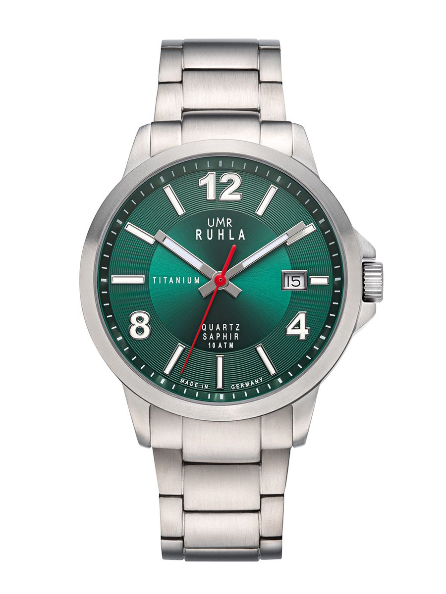 Montre pour homme avec cadran vert, boîtier en titane argenté et bracelet à maillons en titane, guichet date