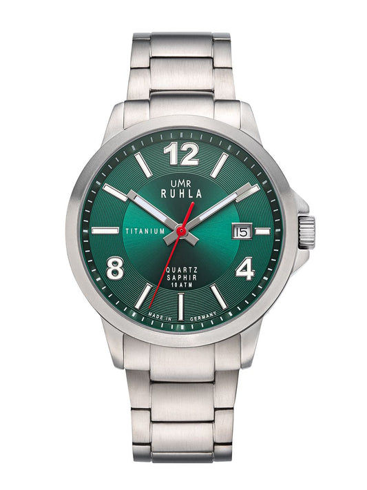 Montre pour homme avec cadran vert, boîtier en titane argenté et bracelet à maillons en titane, guichet date