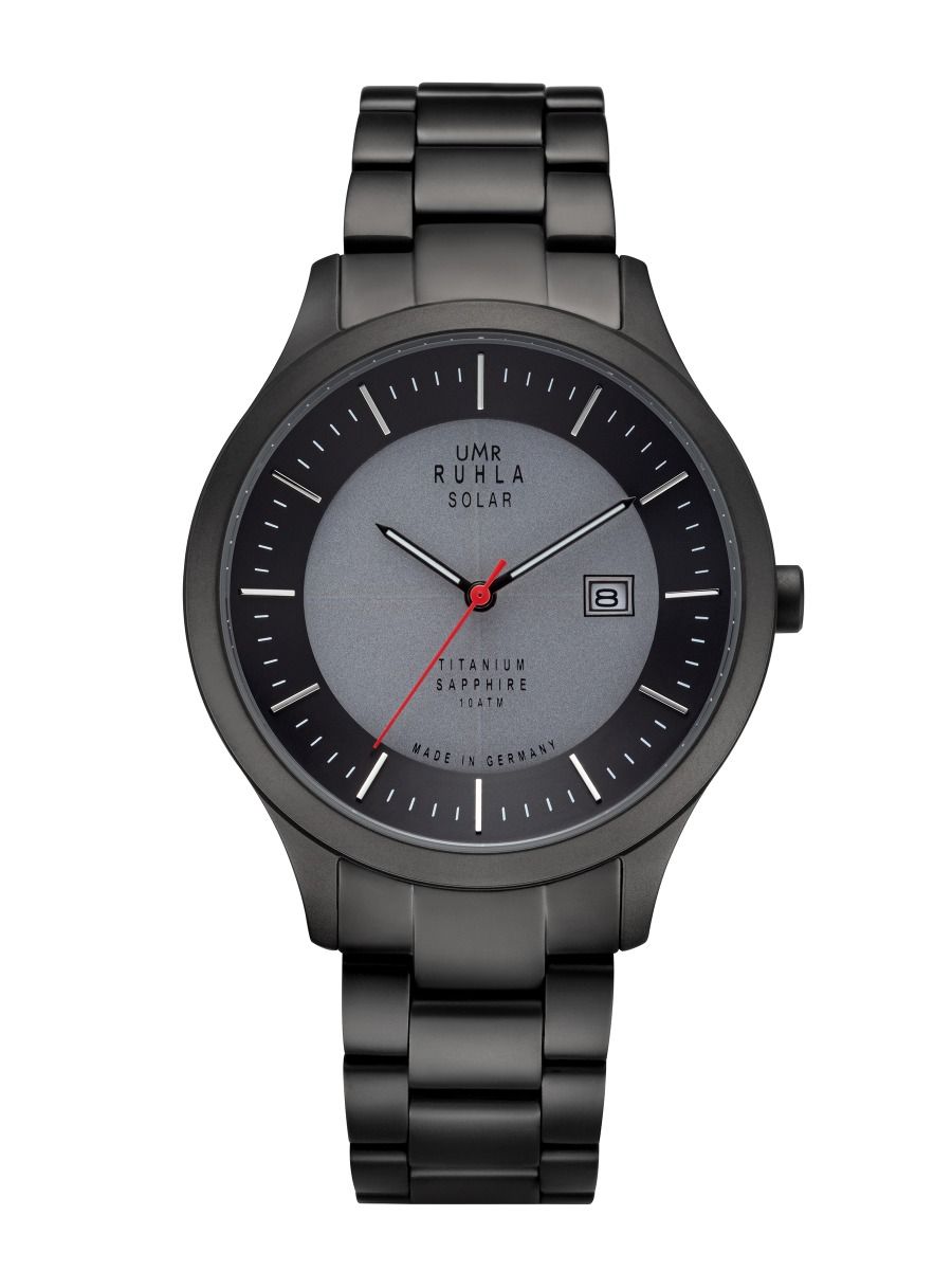 Montre-bracelet avec bracelet en métal noir et cadran gris, aiguilles rouges.