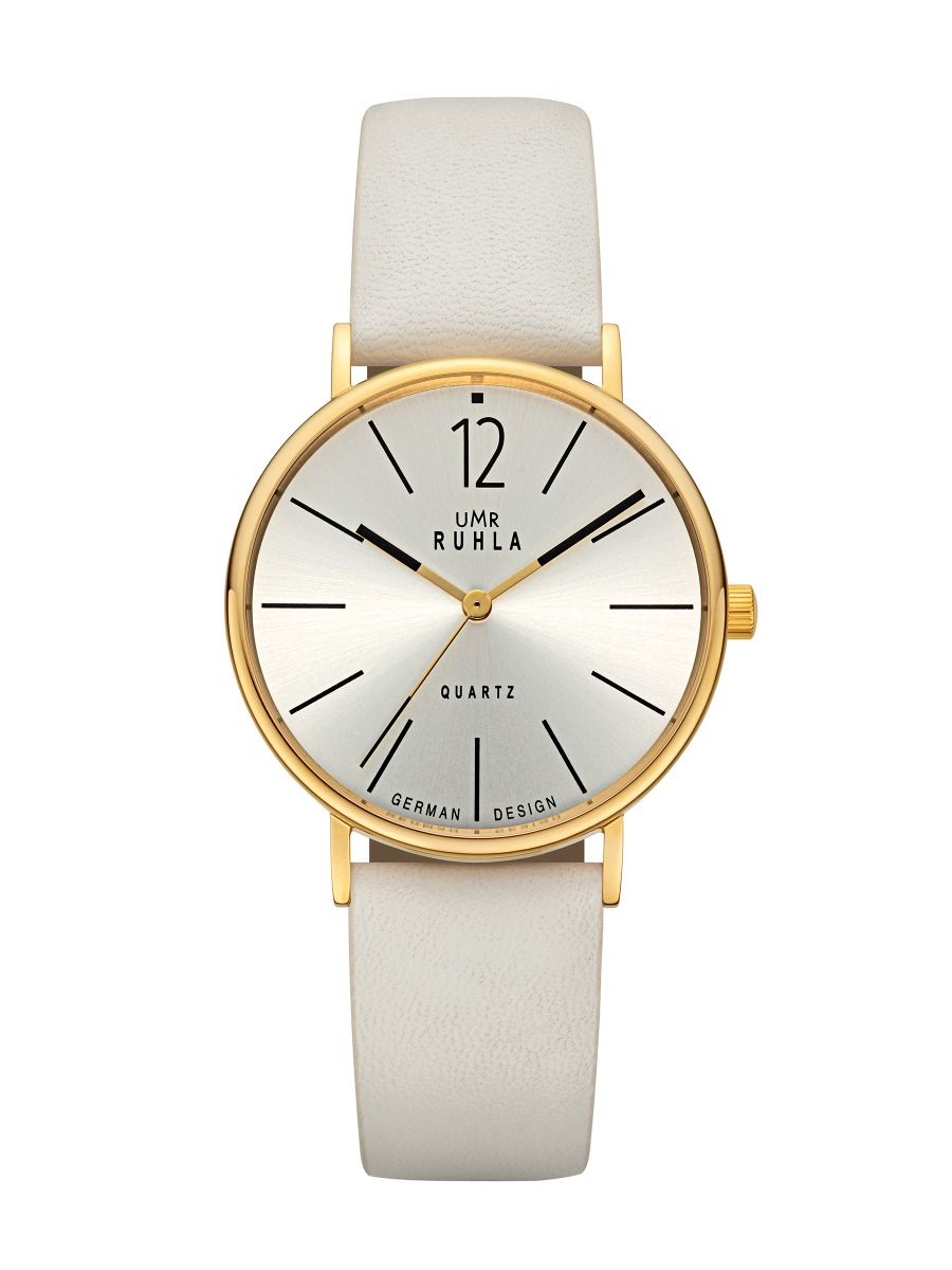 Montre beige avec cadran rond et boîtier en acier inoxydable doré