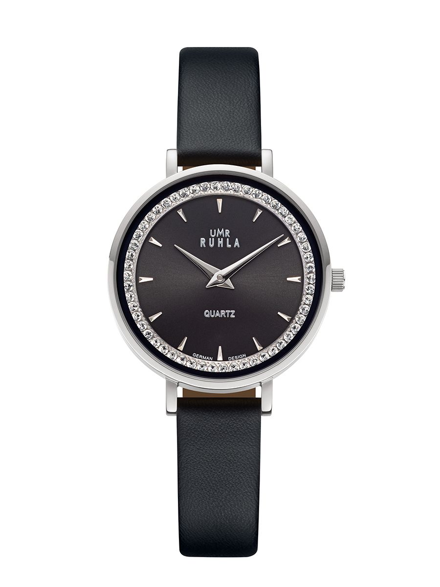 Montre pour femme UMR RUHLA avec bracelet en cuir noir, boîtier argenté et lunette étincelante