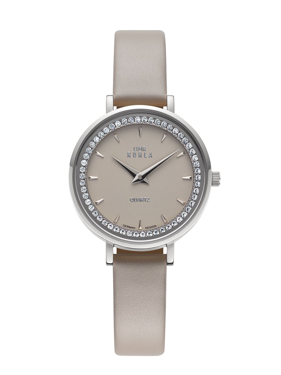Montre pour femme avec bracelet en cuir taupe, boîtier rond argenté et lunette étincelante
