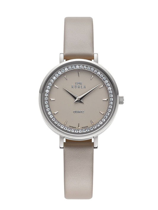 Montre pour femme avec bracelet en cuir taupe, boîtier rond argenté et lunette étincelante