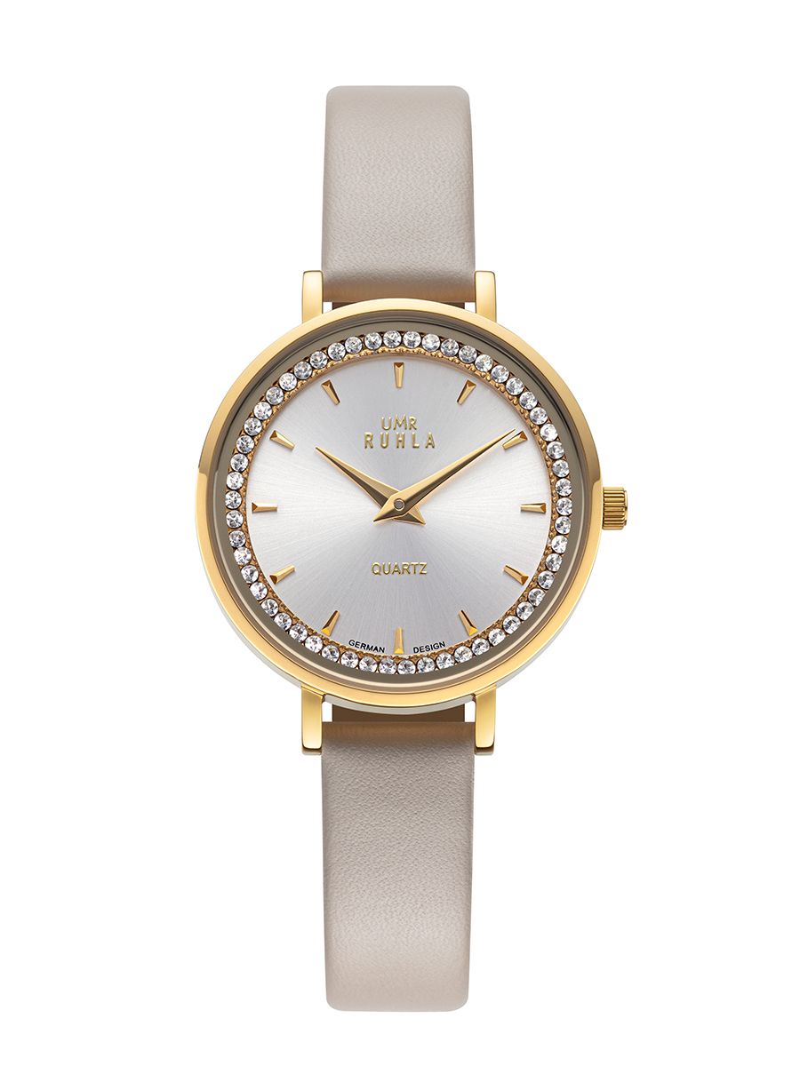 Montre pour femme avec bracelet en cuir clair, cadran blanc et lunette ornée de strass