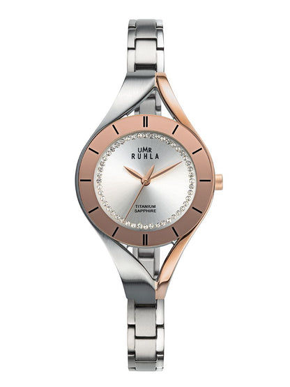 Montre pour femme UMR Ruhla : bracelet en titane argenté, lunette en or rose, cadran avec verre saphir