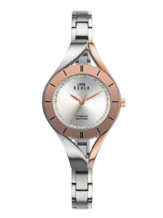 Montre pour femme UMR Ruhla : bracelet en titane argenté, lunette en or rose, cadran avec verre saphir