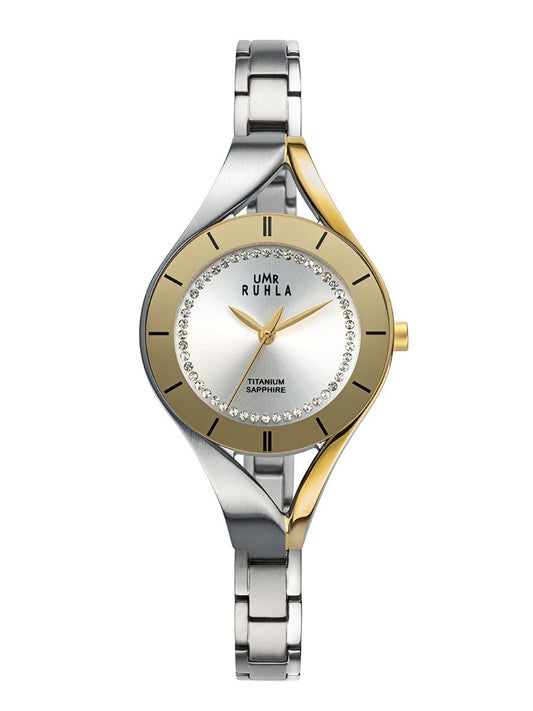 Montre pour femme bicolore avec bracelet en métal, cadran rond et détails dorés