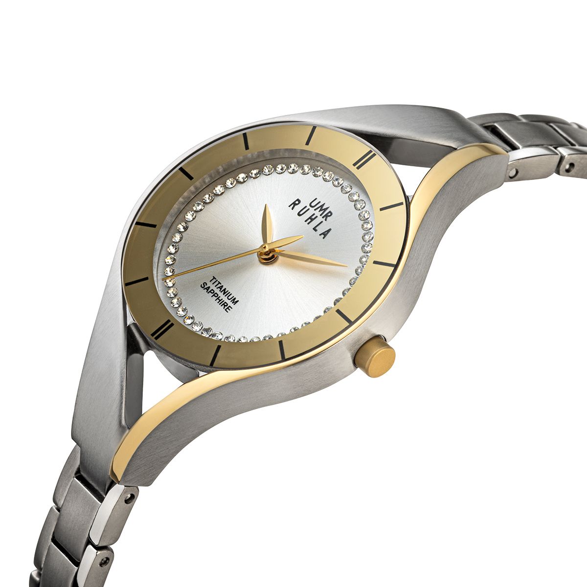 Montre pour femme bicolore avec cadran rond, lunette dorée et bracelet en métal