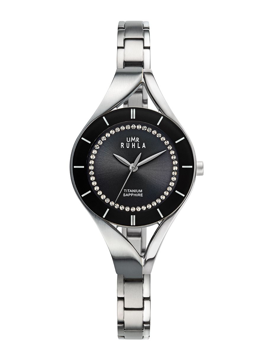 Montre pour femme avec verre saphir, bracelet en titane, cadran noir et lunette ornée de strass
