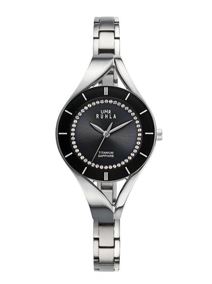 Montre pour femme avec verre saphir, bracelet en titane, cadran noir et lunette ornée de strass