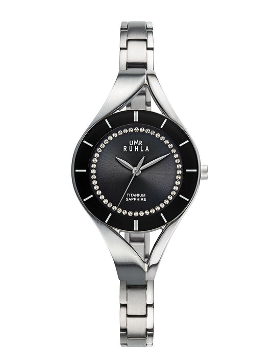 Montre pour femme avec verre saphir, bracelet en titane, cadran noir et lunette ornée de strass