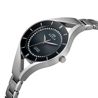 Montre pour femme avec verre saphir, bracelet en titane, cadran noir et lunette ornée de strass